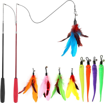 2PCS Retractable Cat Wand Toy and 9PCS Cat Feather Toys Cat Teaser Toy Refills