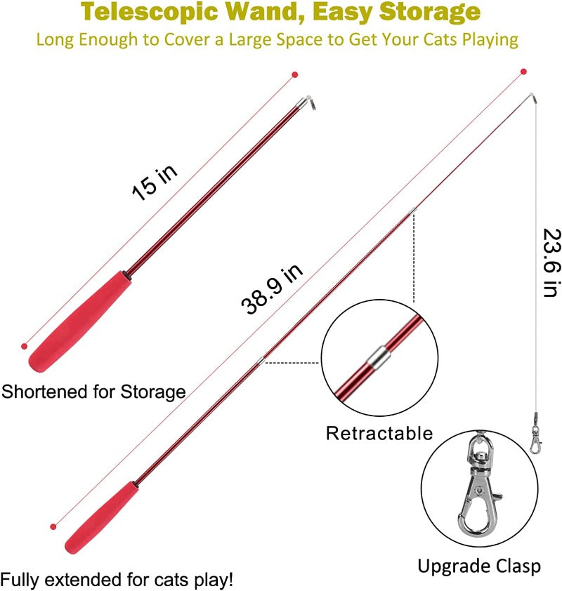 2PCS Retractable Cat Wand Toy and 9PCS Cat Feather Toys Cat Teaser Toy Refills