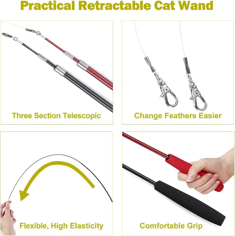 2PCS Retractable Cat Wand Toy and 9PCS Cat Feather Toys Cat Teaser Toy Refills